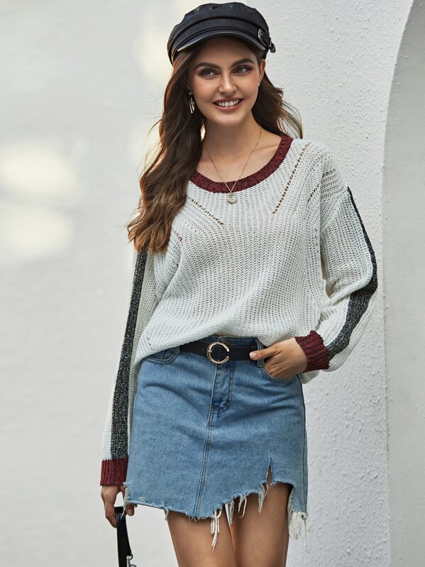 

Eyelet Knit Color Block Sweater, White, Barbara C