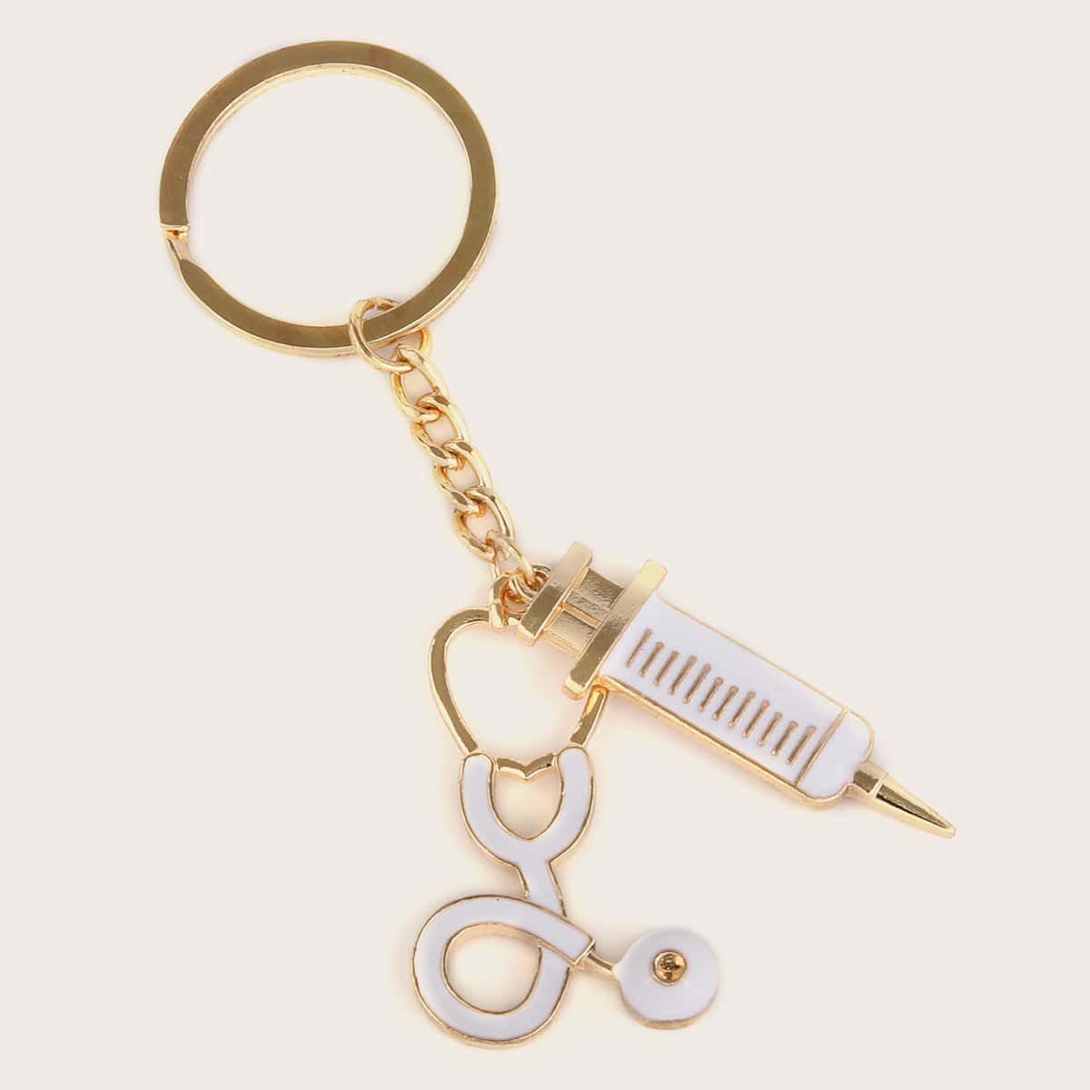 

Stethoscope & Syringe Charm Keychain, Gold