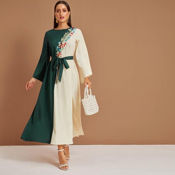 

Embroidery Front Two Tone Self Belted Dress, Multicolor