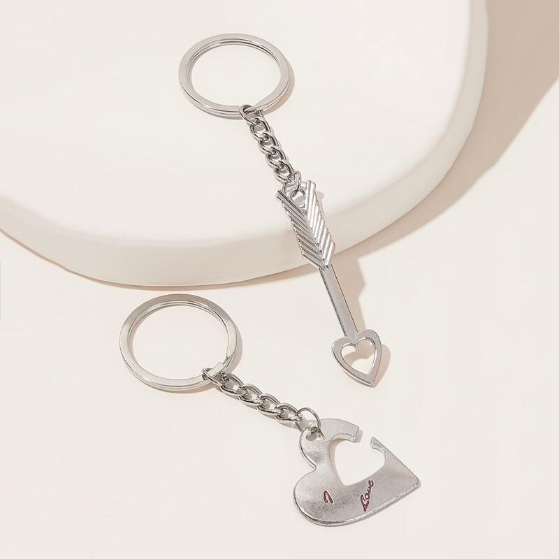 

2pcs Heart & Arrow Charm Pendant Keychain, Silver