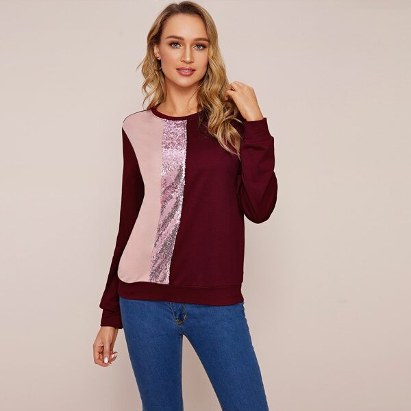 

Contrast Sequin Detail Colorblock Pullover, Burgundy