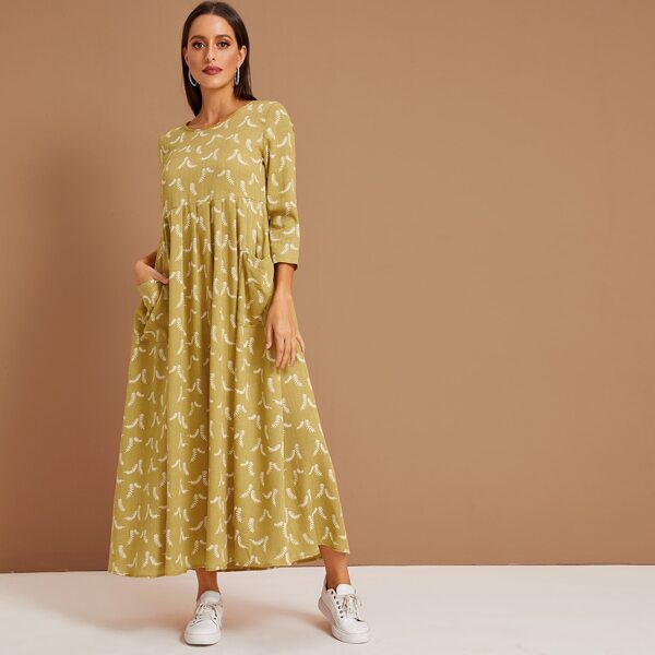 

Leaf Print Pocket Front Smock Dress, Yellow