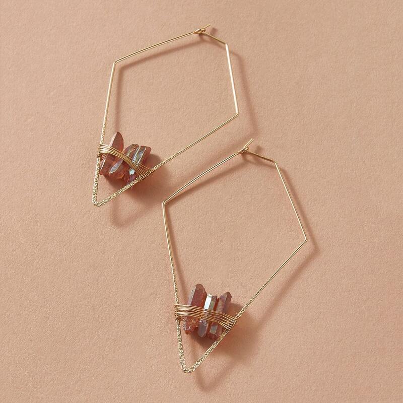 

1pair Random Crystal Stone Geometric Hoop Earrings, Gold