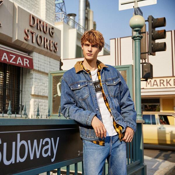 

Men Shearling Lined Single Breasted Denim Jacket, Blue