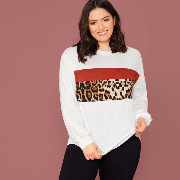 

Plus Leopard Print Colorblock Pullover, White