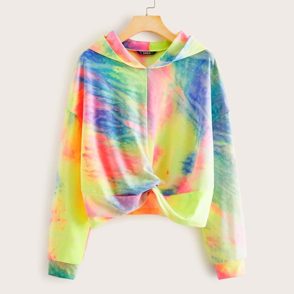 

Drop Shoulder Twist Front Tie Dye Hoodie, Multicolor