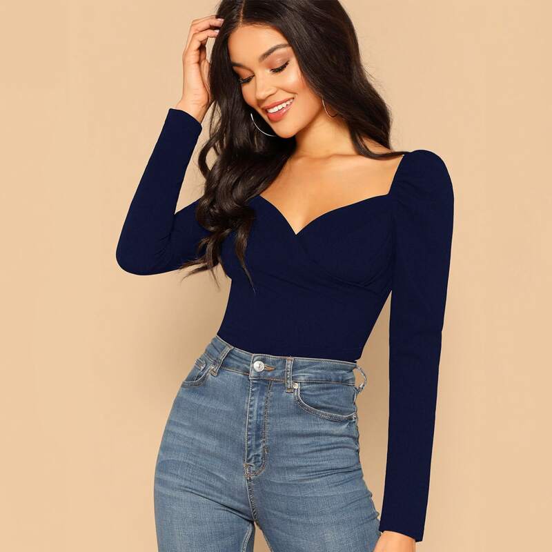 

Sweetheart Neck Puff Sleeve Wrap Top, Navy blue