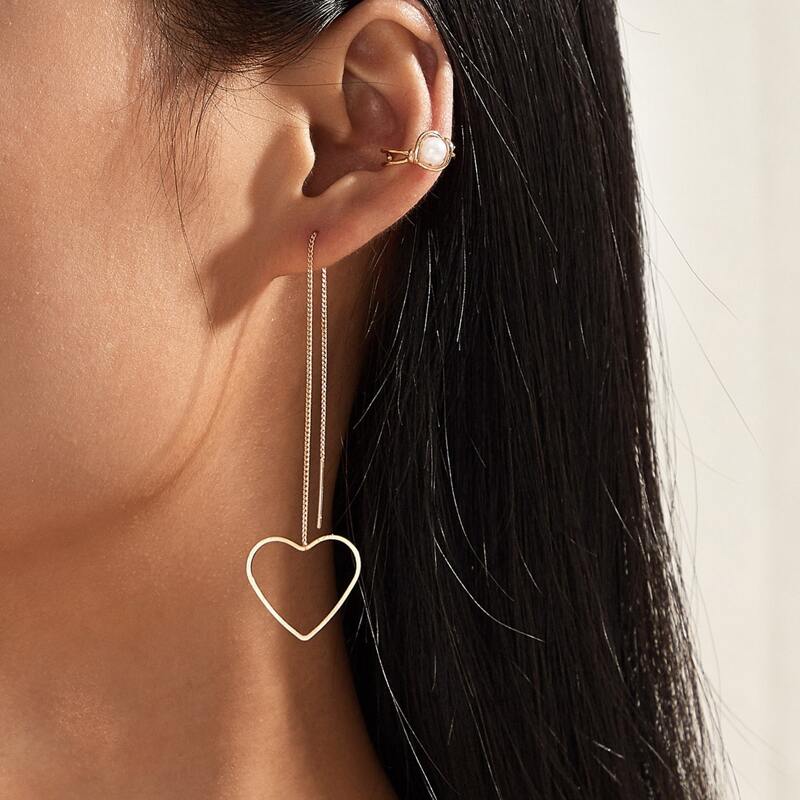 

1pair Heart Drop Earrings & 1pc Ear Cuff, Gold