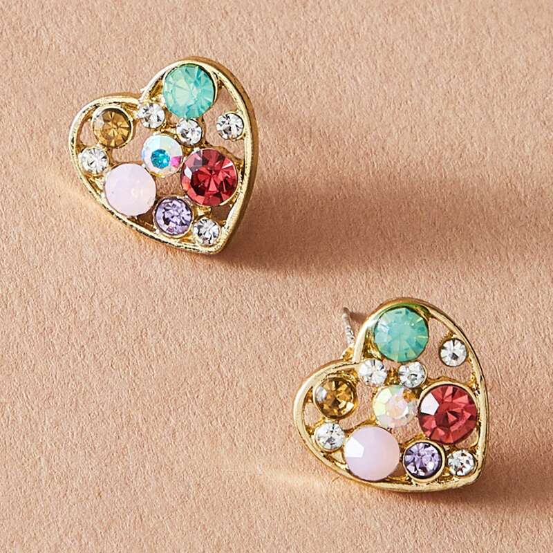 

1pair Gemstone Engraved Heart Shaped Stud Earrings, Multicolor