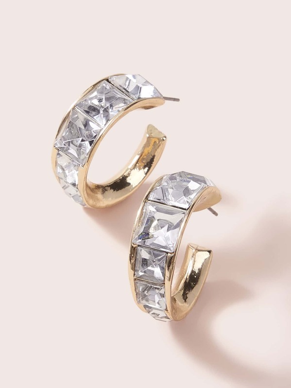 

1pair Rhinestone Decor Round Hoop Earrings, Gold