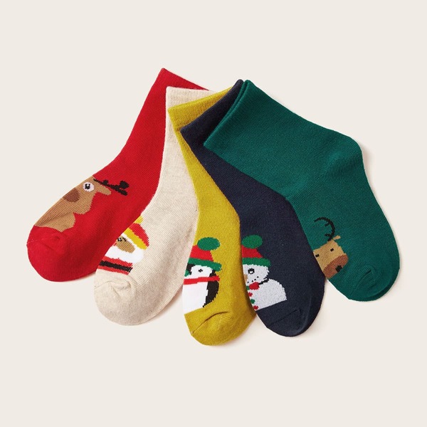 

5pairs Toddler Kids Christmas Santa Claus & Deer Pattern Socks, Multicolor