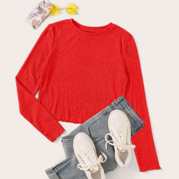 

Lettuce Edge Rib-knit Tee, Red bright