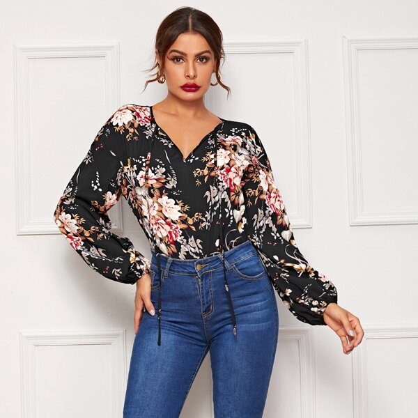 

Floral Print Tied Keyhole Neck Blouse, Black