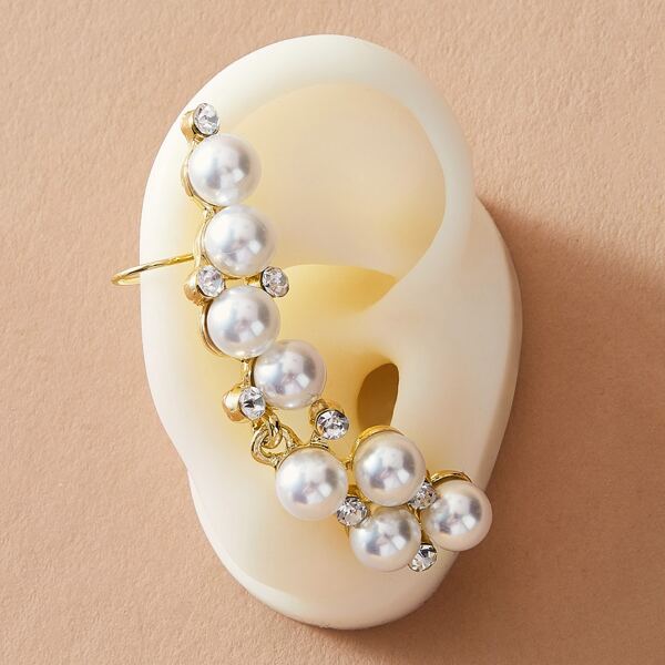 

1pair Pearl & Rhinestone Engraved Earrings, Gold