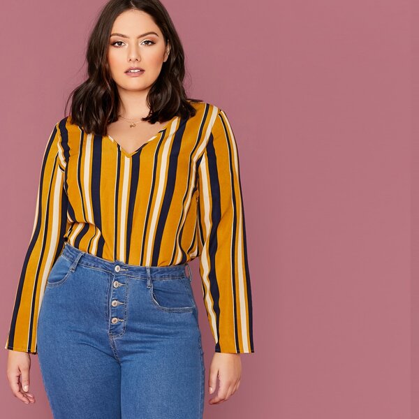 

Plus Striped V Neck Top, Mustard yellow