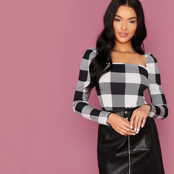 

Square Neck Puff Sleeve Plaid Top, Black and white