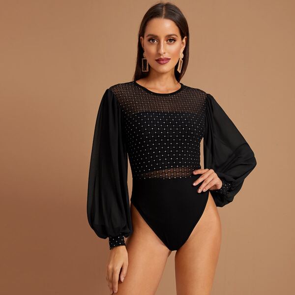 

Rhinestone Detail Lantern Sleeve Sheer Bodysuit Without Tube, Black