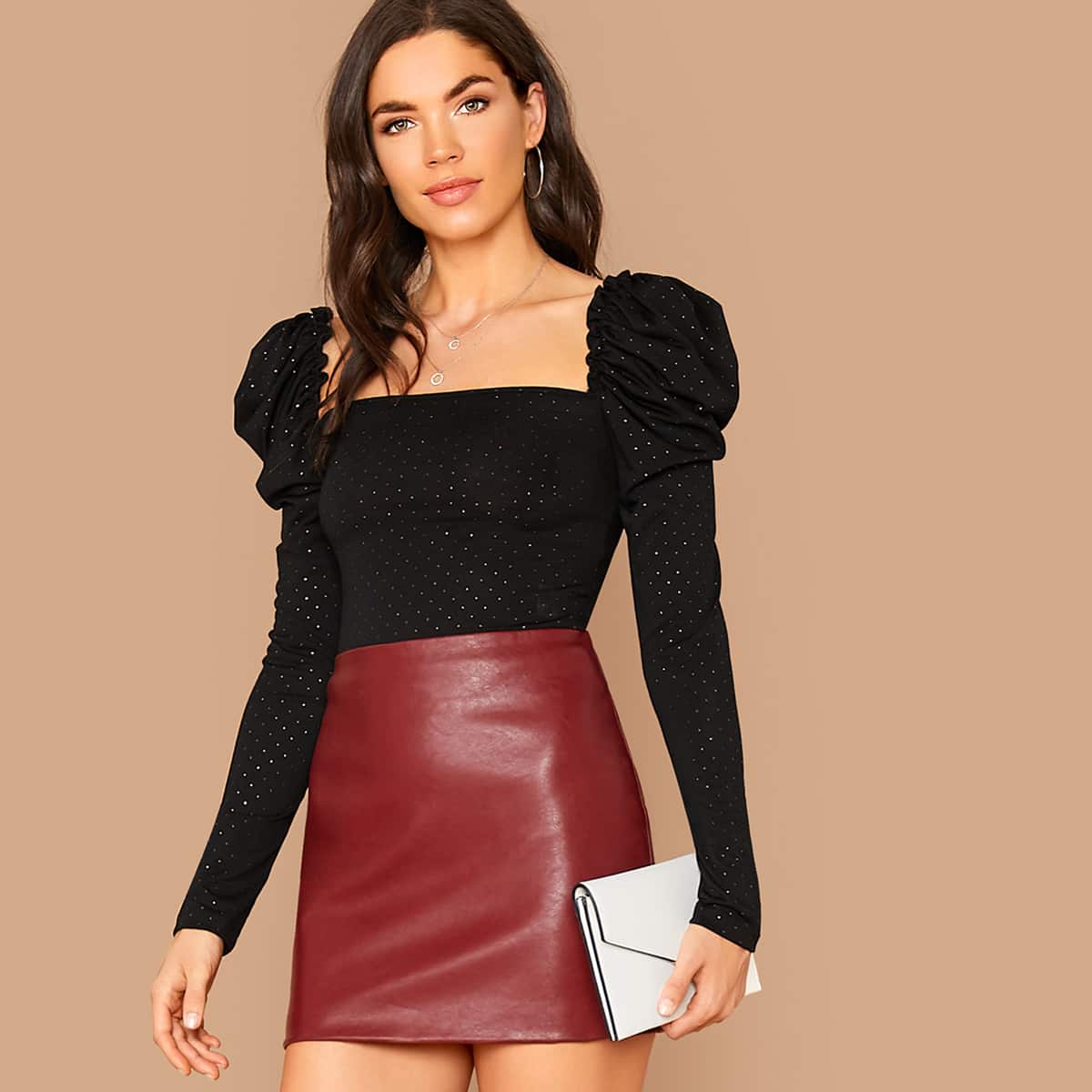 

Gigot Sleeve Rhinestone Detail Top, Black