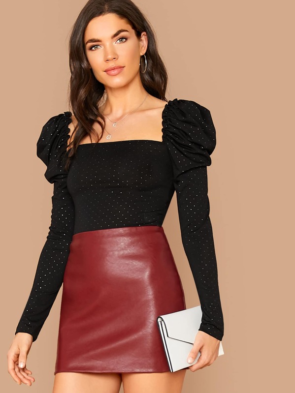 

Gigot Sleeve Rhinestone Detail Top, Black, Aarika Wolf