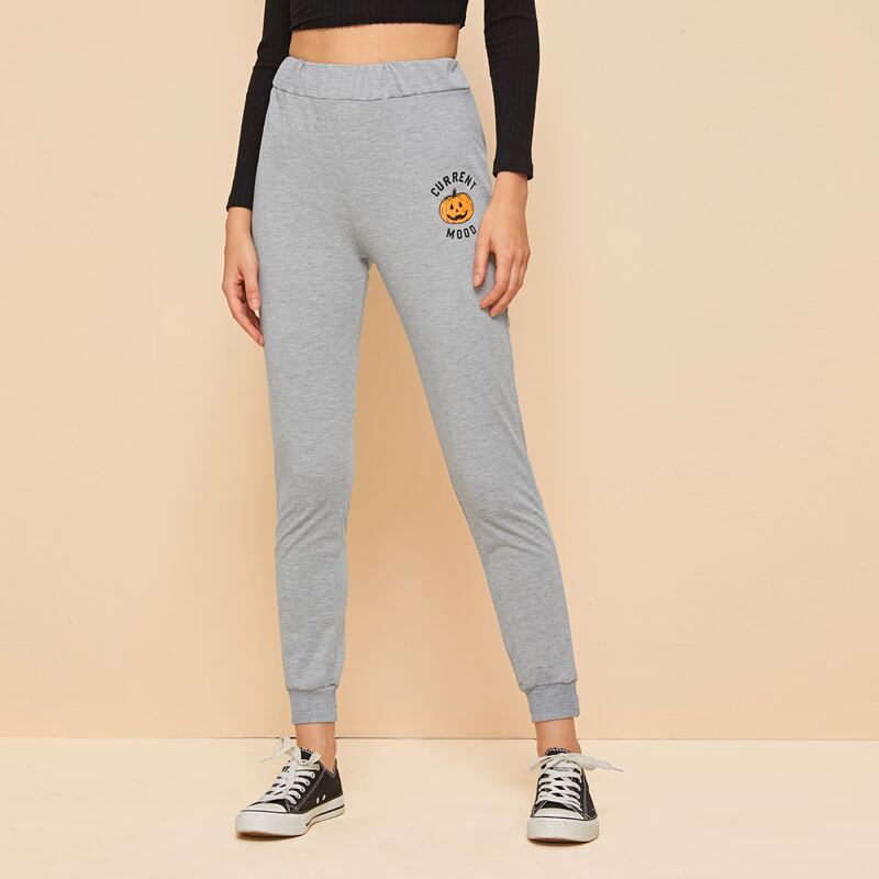 

Halloween & Letter Graphic Sweatpants, Grey