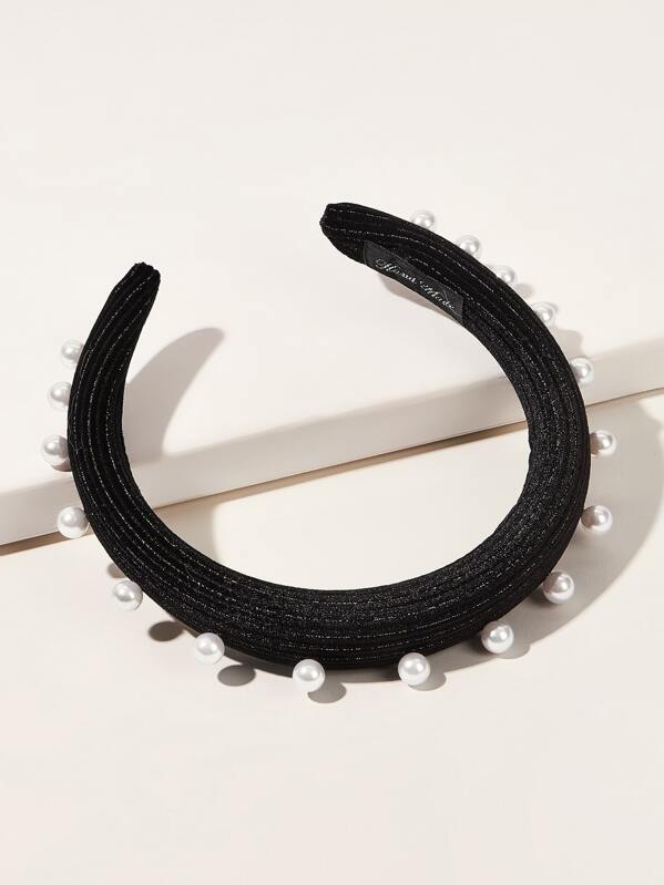 

Faux Pearl Decor Corduroy Headband, Black