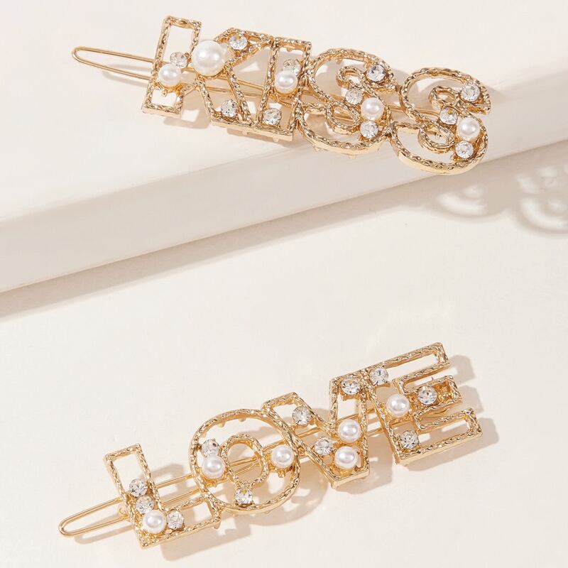 

2pcs Rhinestone & Faux Pearl Decor Hair Clip, Gold
