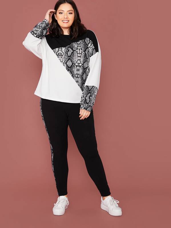

Plus Snakeskin Color Block Pullover & Leggings Set, Multicolor, Marcelle Pallais