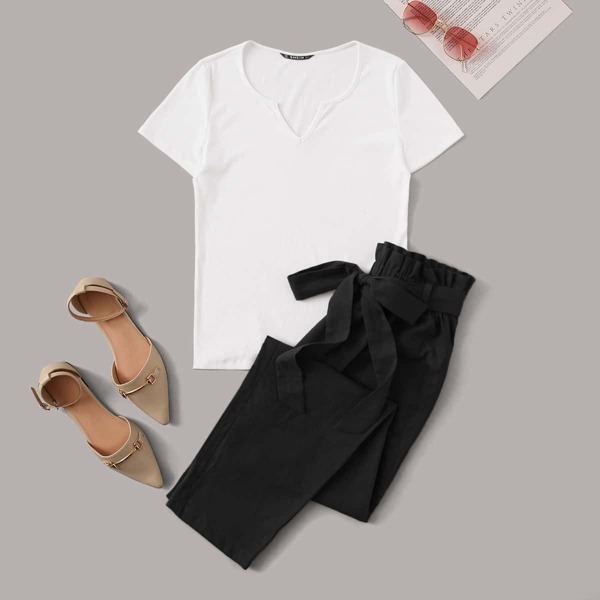 

Notch Neck Cap Sleeve Top & Paperbag Waist Belted Pants Set, Black and white