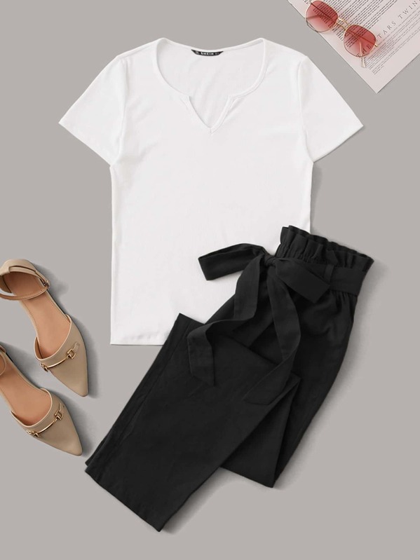 

Notch Neck Cap Sleeve Top & Paperbag Waist Belted Pants Set, Black and white