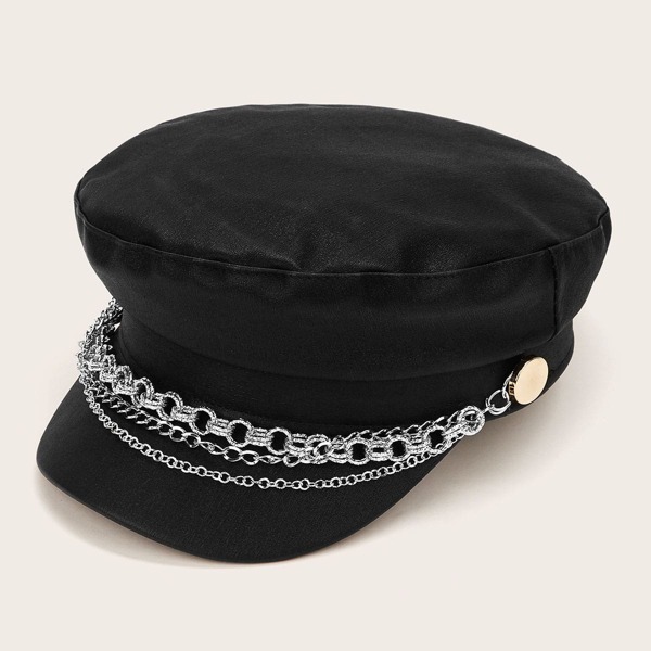 

Chain Decor Baker Boy Hat, Black