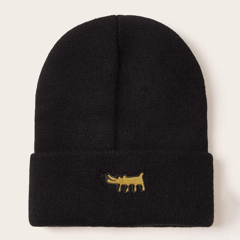 

Dog Embroidery Cuffed Beanie, Black
