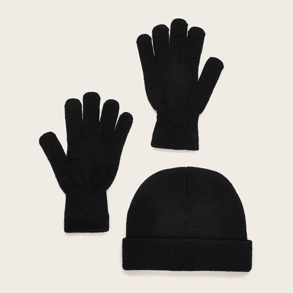 

3pcs Solid Knit Beanie & Gloves, Black