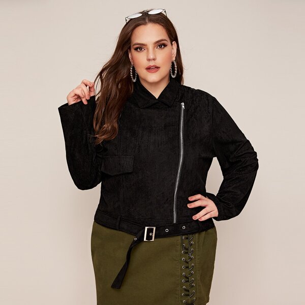 

Plus Zip Up Belted Suede Biker Jacket, Black