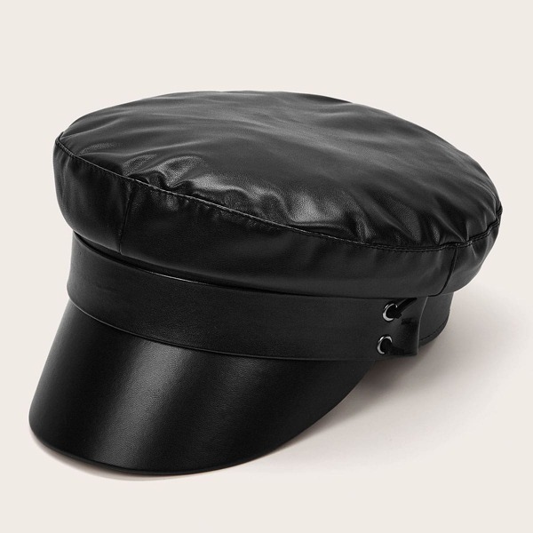 

Solid PU Baker Boy Hat, Black