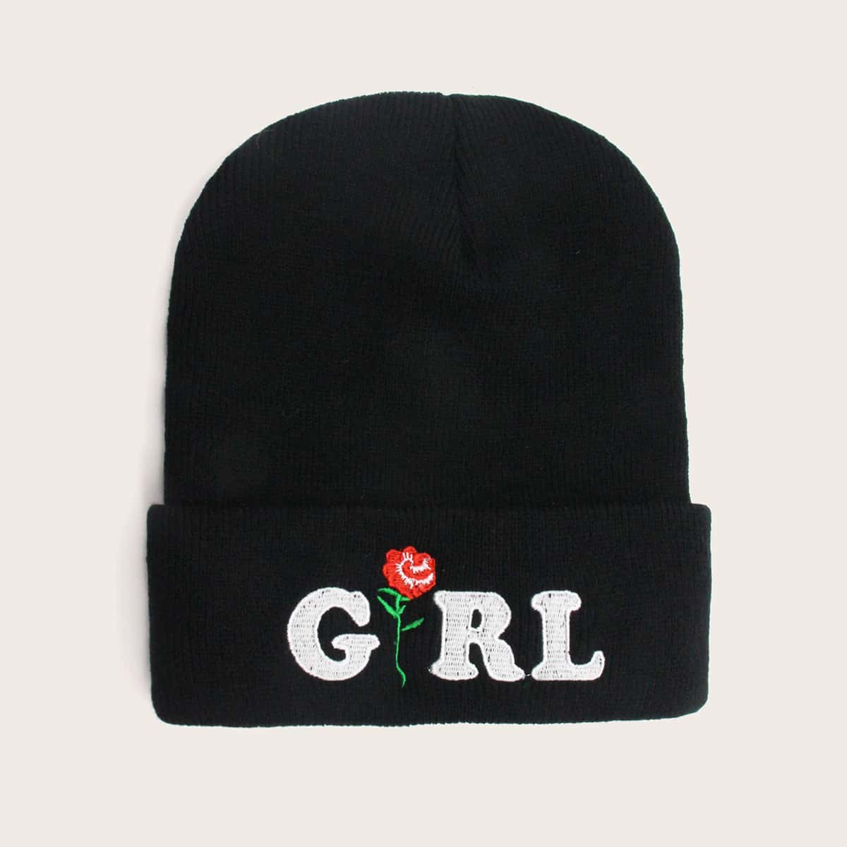 

Letter & Flower Embroidery Cuffed Beanie, Black