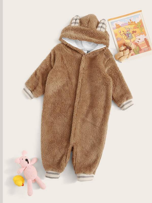 

Toddler Girls Plush Hooded Onesie, Brown