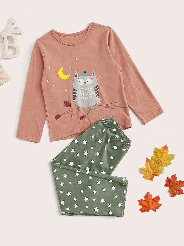 

Toddler Girls Cartoon Owl Print PJ Set, Multicolor