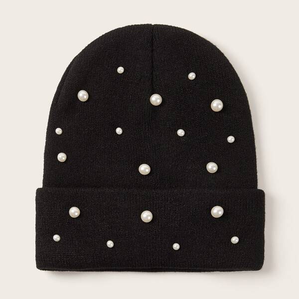 

Faux Pearl Decor Cuffed Knit Beanie, Black