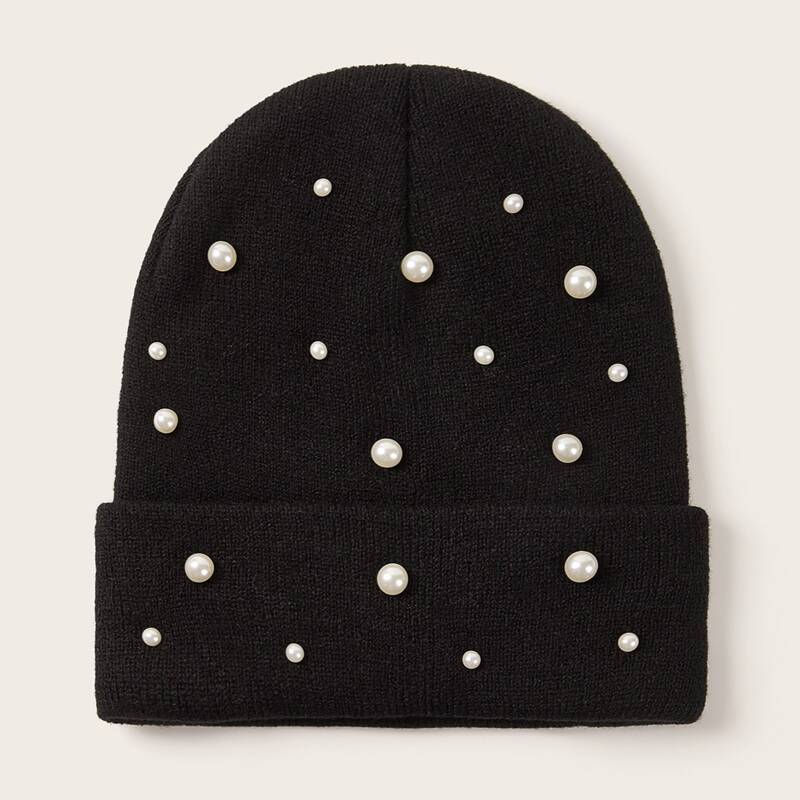 

Faux Pearl Decor Cuffed Knit Beanie, Black