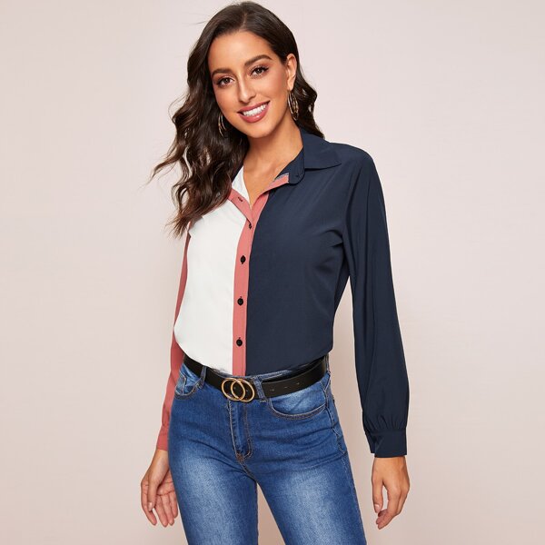 

Contrast Panel Button Up Blouse, Multicolor