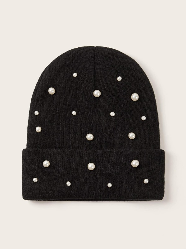 

Faux Pearl Decor Cuffed Knit Beanie, Black