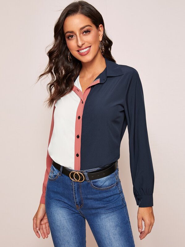 

Contrast Panel Button Up Blouse, Multicolor, Mary P.