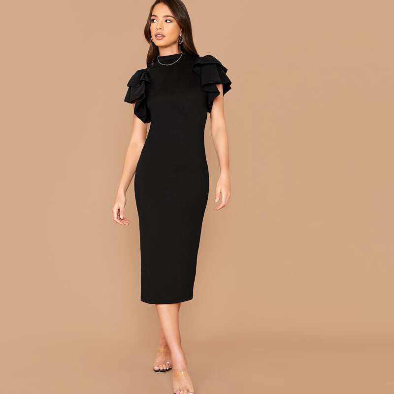 

Layered Flutter Sleeve Split Back Bodycon Dress, Black