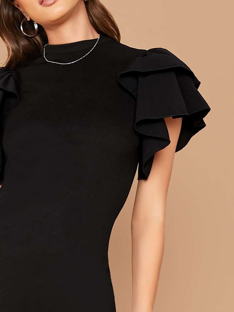 Layered Flutter Sleeve Split Back Bodycon Dress