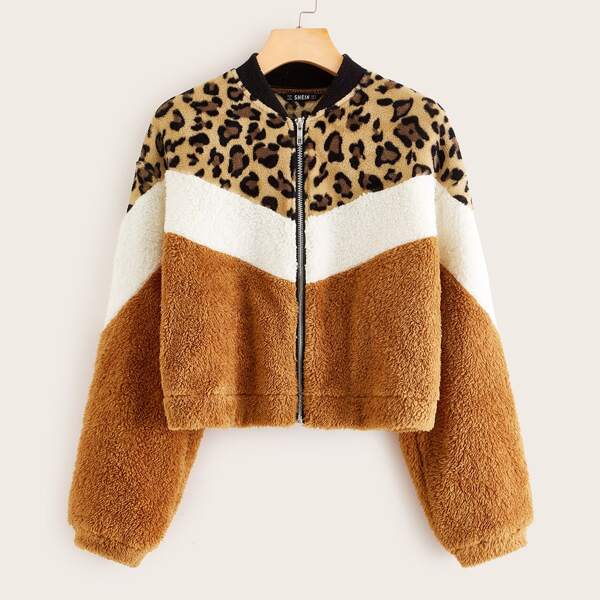 

Color-block Leopard Zipper Teddy Jacket, Multicolor