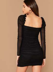 Firerie 褶邊羊腿袖抽褶網紗覆蓋洋裝