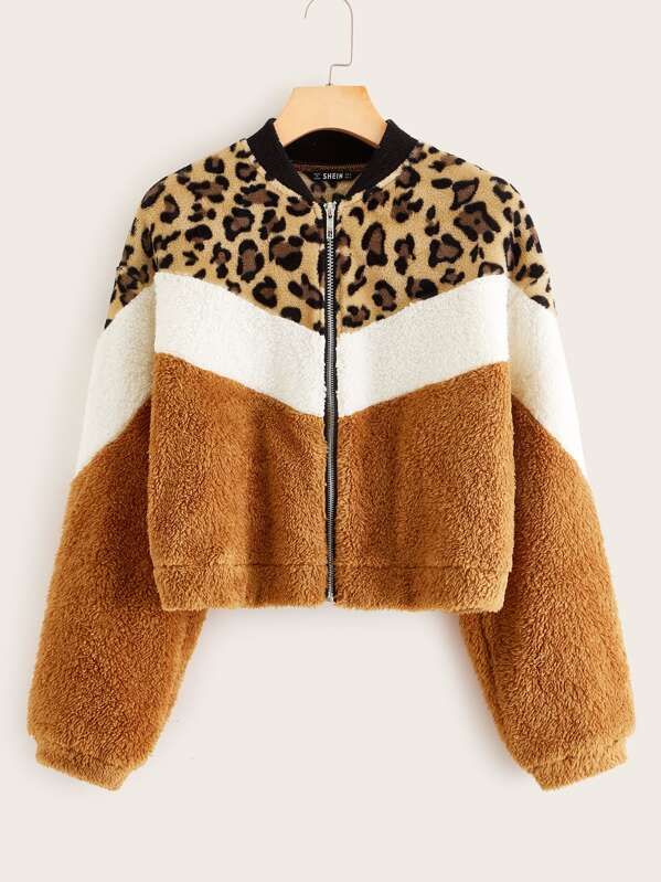 

Color-block Leopard Zipper Teddy Jacket, Multicolor, Anna Herrin