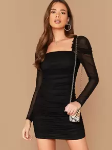 Firerie 褶邊羊腿袖抽褶網紗覆蓋洋裝