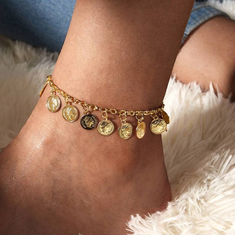 

1pc Coin Charm Chain Anklet, Gold