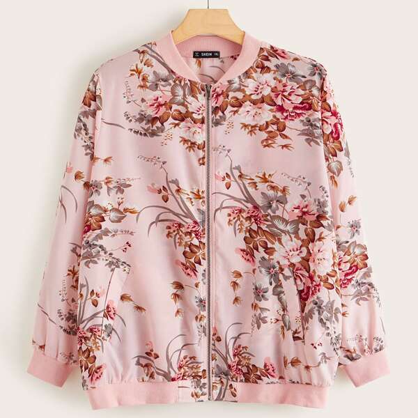 

Plus Botanical Print Zip Up Bomber Jacket, Pink pastel